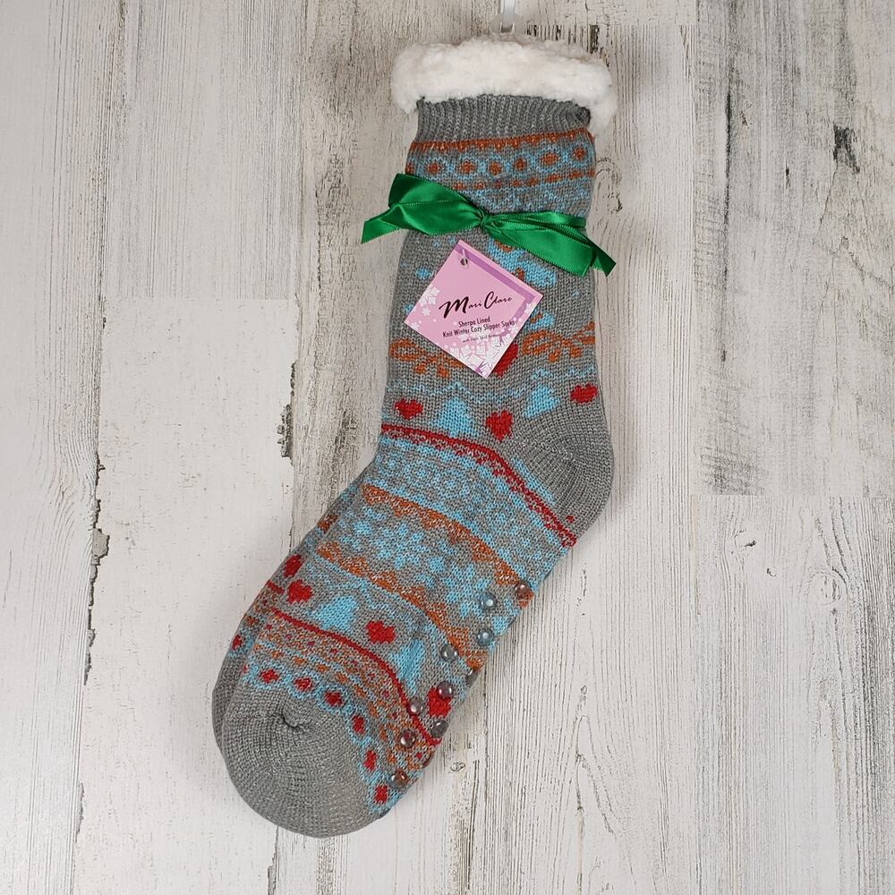NWT Mari Clare Sherpa Lined Knit Winter Holiday Design No-Slip Slipper Socks